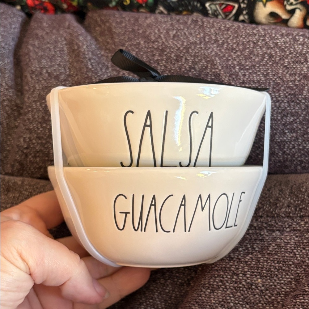 Rae Dunn Cream Salsa and Guacamole Bowls with Salmon amd Green Interior